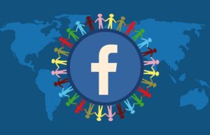 Be Positive on Social Media Facebook Logo with Human Figures Surrounding it and a Global Map in the Background